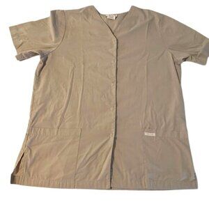 Cherokee Womens Tan Short Sleeve Button-Up Scrub Top L 65% Polyester 35% Cotton